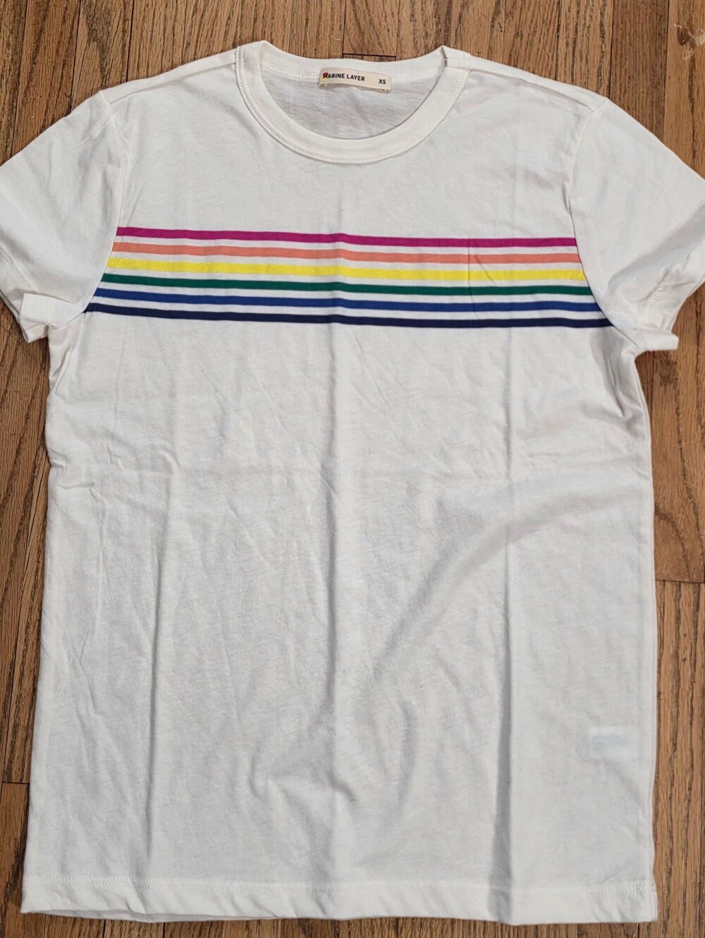 Marine Layer Ivory Tee with Pink, Orange, Yellow, Green & Blue Stripes XS